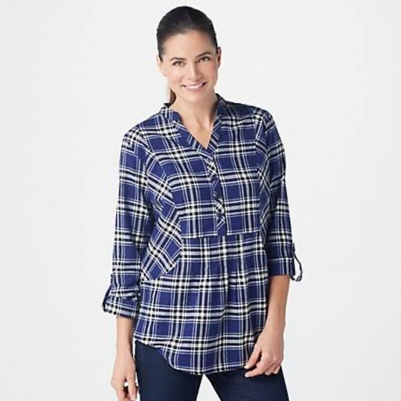 Joan Rivers plaid top with pockets blue  NWOT size 4 can roll sleeves - Picture 1 of 10